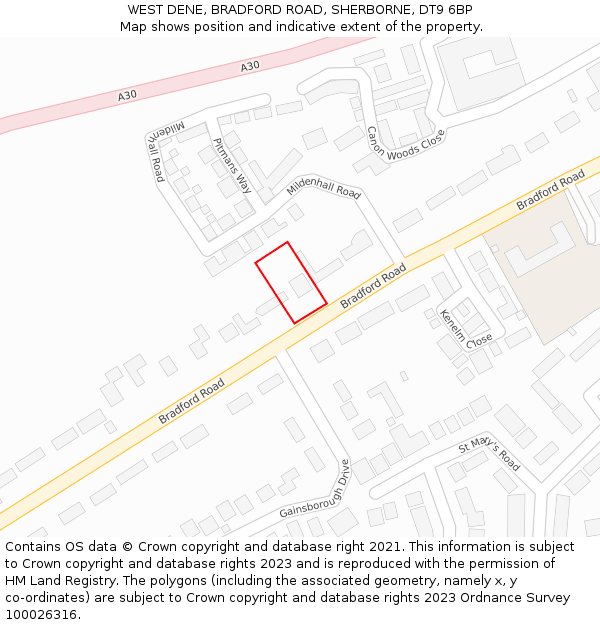 WEST DENE, BRADFORD ROAD, SHERBORNE, DT9 6BP: Location map and indicative extent of plot