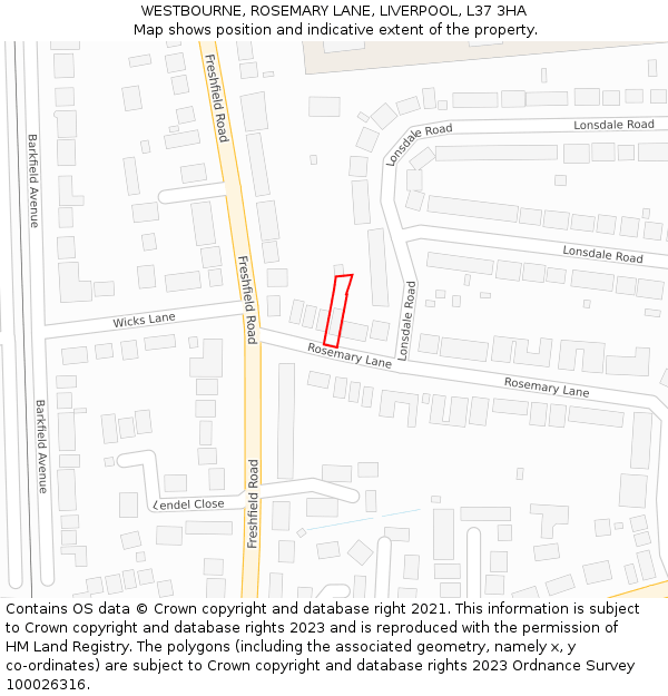 WESTBOURNE, ROSEMARY LANE, LIVERPOOL, L37 3HA: Location map and indicative extent of plot