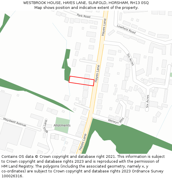 WESTBROOK HOUSE, HAYES LANE, SLINFOLD, HORSHAM, RH13 0SQ: Location map and indicative extent of plot