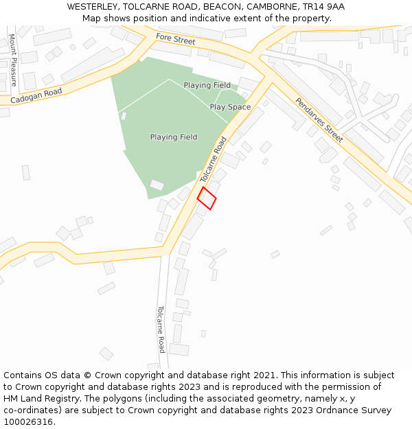 WESTERLEY, TOLCARNE ROAD, BEACON, CAMBORNE, TR14 9AA: Location map and indicative extent of plot