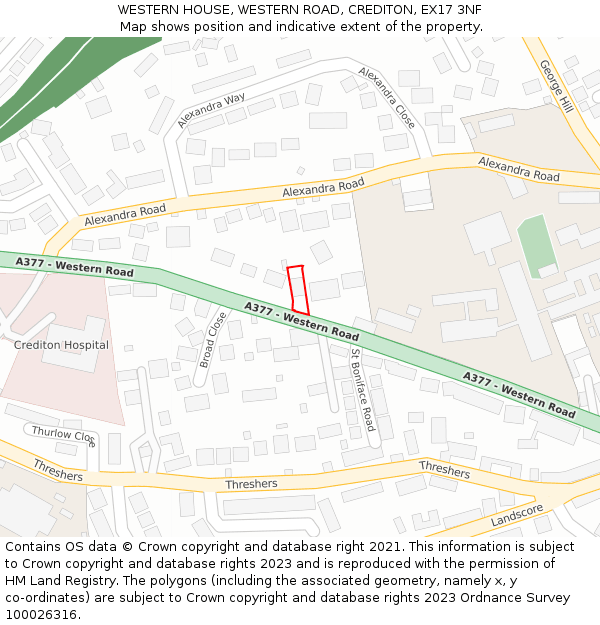 WESTERN HOUSE, WESTERN ROAD, CREDITON, EX17 3NF: Location map and indicative extent of plot