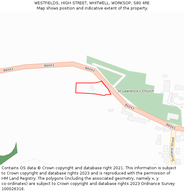 WESTFIELDS, HIGH STREET, WHITWELL, WORKSOP, S80 4RE: Location map and indicative extent of plot