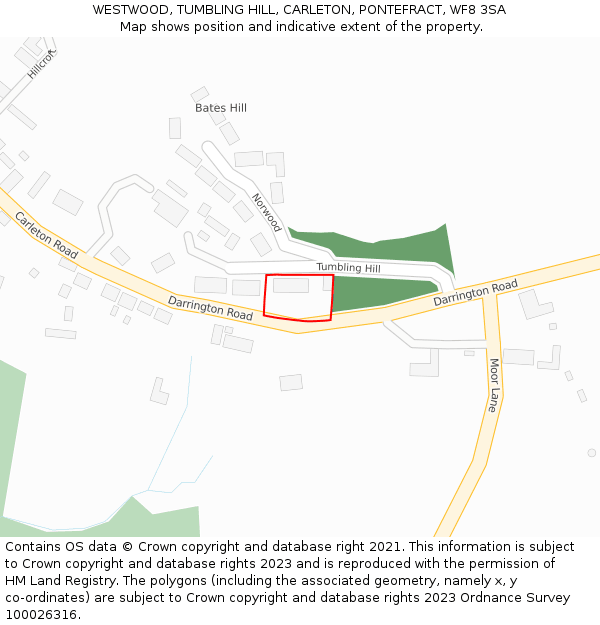WESTWOOD, TUMBLING HILL, CARLETON, PONTEFRACT, WF8 3SA: Location map and indicative extent of plot