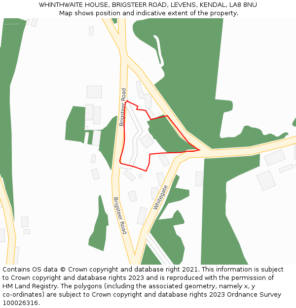 WHINTHWAITE HOUSE, BRIGSTEER ROAD, LEVENS, KENDAL, LA8 8NU: Location map and indicative extent of plot