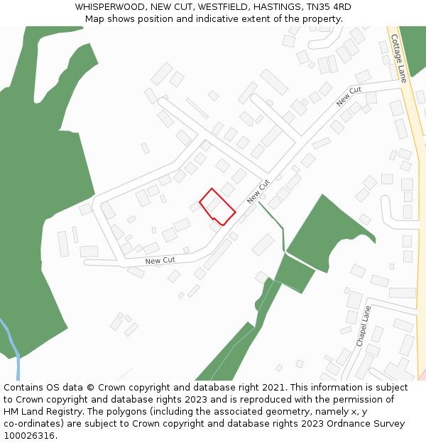 WHISPERWOOD, NEW CUT, WESTFIELD, HASTINGS, TN35 4RD: Location map and indicative extent of plot