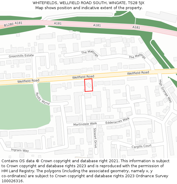 WHITEFIELDS, WELLFIELD ROAD SOUTH, WINGATE, TS28 5JX: Location map and indicative extent of plot