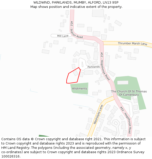 WILDWIND, PARKLANDS, MUMBY, ALFORD, LN13 9SP: Location map and indicative extent of plot