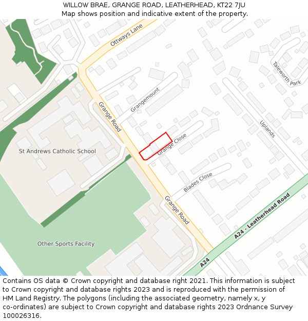 WILLOW BRAE, GRANGE ROAD, LEATHERHEAD, KT22 7JU: Location map and indicative extent of plot