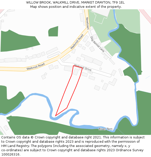 WILLOW BROOK, WALKMILL DRIVE, MARKET DRAYTON, TF9 1EL: Location map and indicative extent of plot