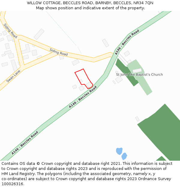 WILLOW COTTAGE, BECCLES ROAD, BARNBY, BECCLES, NR34 7QN: Location map and indicative extent of plot