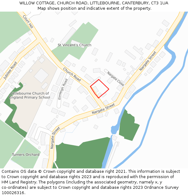 WILLOW COTTAGE, CHURCH ROAD, LITTLEBOURNE, CANTERBURY, CT3 1UA: Location map and indicative extent of plot