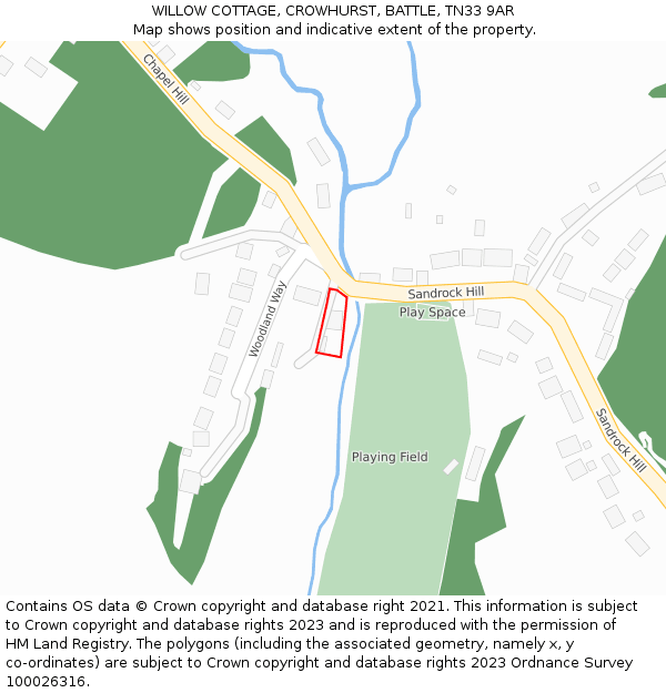 WILLOW COTTAGE, CROWHURST, BATTLE, TN33 9AR: Location map and indicative extent of plot