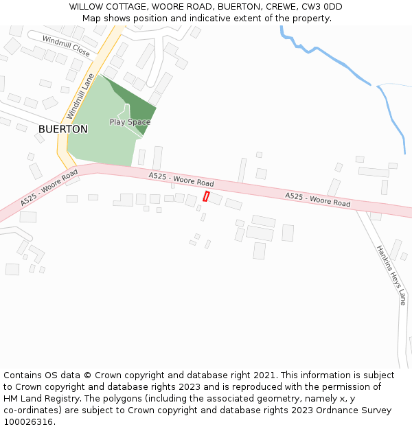 WILLOW COTTAGE, WOORE ROAD, BUERTON, CREWE, CW3 0DD: Location map and indicative extent of plot