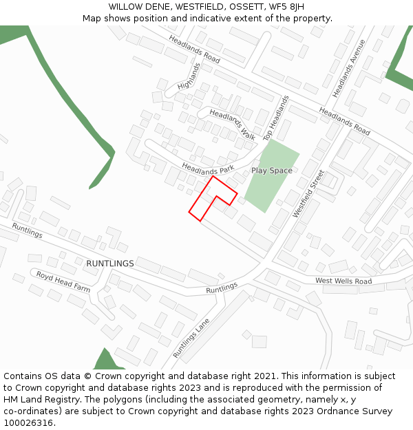 WILLOW DENE, WESTFIELD, OSSETT, WF5 8JH: Location map and indicative extent of plot