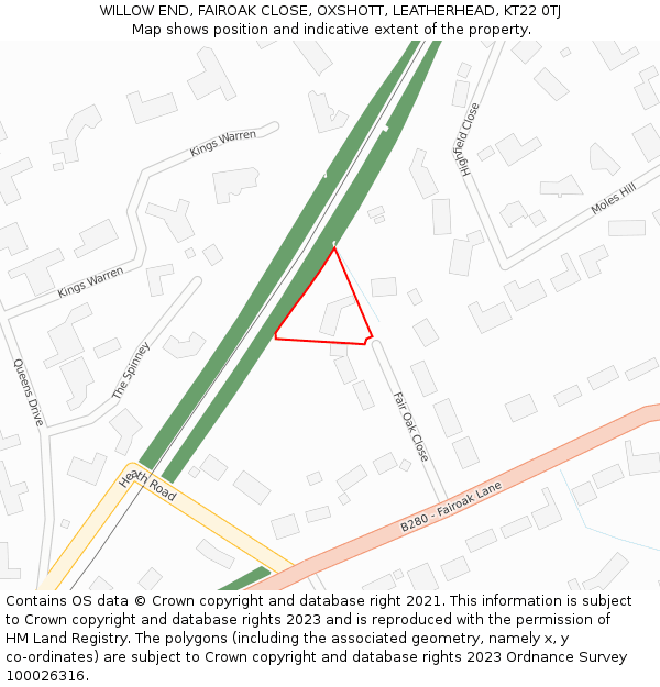 WILLOW END, FAIROAK CLOSE, OXSHOTT, LEATHERHEAD, KT22 0TJ: Location map and indicative extent of plot