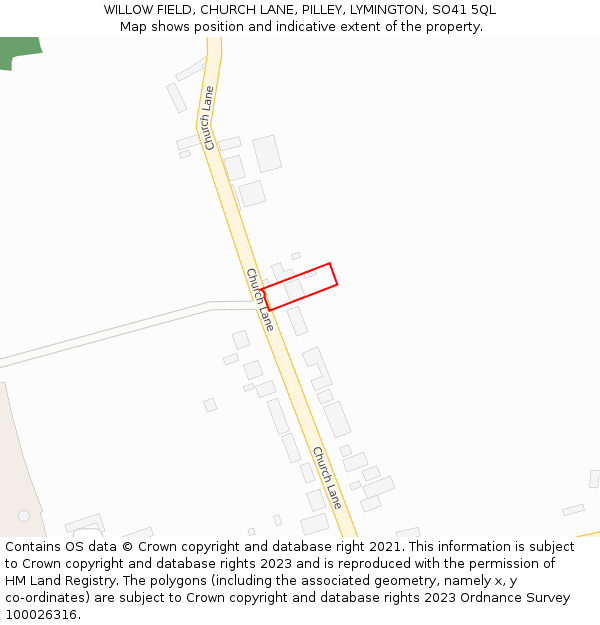 WILLOW FIELD, CHURCH LANE, PILLEY, LYMINGTON, SO41 5QL: Location map and indicative extent of plot
