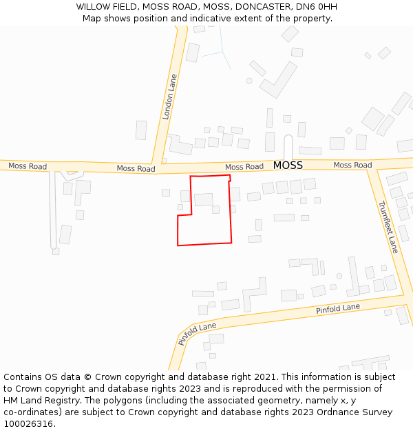 WILLOW FIELD, MOSS ROAD, MOSS, DONCASTER, DN6 0HH: Location map and indicative extent of plot