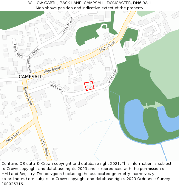 WILLOW GARTH, BACK LANE, CAMPSALL, DONCASTER, DN6 9AH: Location map and indicative extent of plot