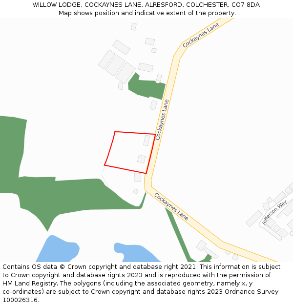 WILLOW LODGE, COCKAYNES LANE, ALRESFORD, COLCHESTER, CO7 8DA: Location map and indicative extent of plot