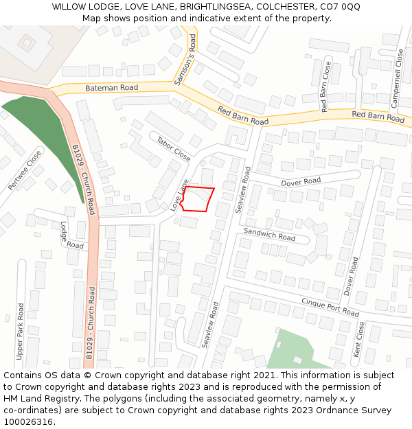 WILLOW LODGE, LOVE LANE, BRIGHTLINGSEA, COLCHESTER, CO7 0QQ: Location map and indicative extent of plot
