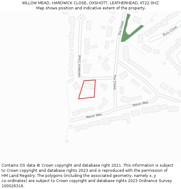 WILLOW MEAD, HARDWICK CLOSE, OXSHOTT, LEATHERHEAD, KT22 0HZ: Location map and indicative extent of plot