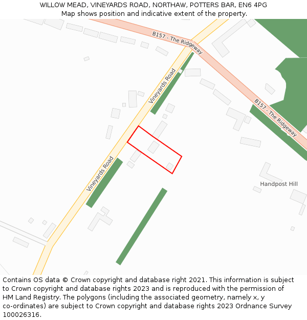 WILLOW MEAD, VINEYARDS ROAD, NORTHAW, POTTERS BAR, EN6 4PG: Location map and indicative extent of plot