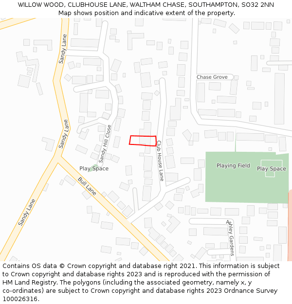 WILLOW WOOD, CLUBHOUSE LANE, WALTHAM CHASE, SOUTHAMPTON, SO32 2NN: Location map and indicative extent of plot