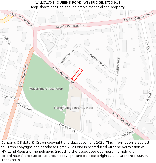 WILLOWAYS, QUEENS ROAD, WEYBRIDGE, KT13 9UE: Location map and indicative extent of plot