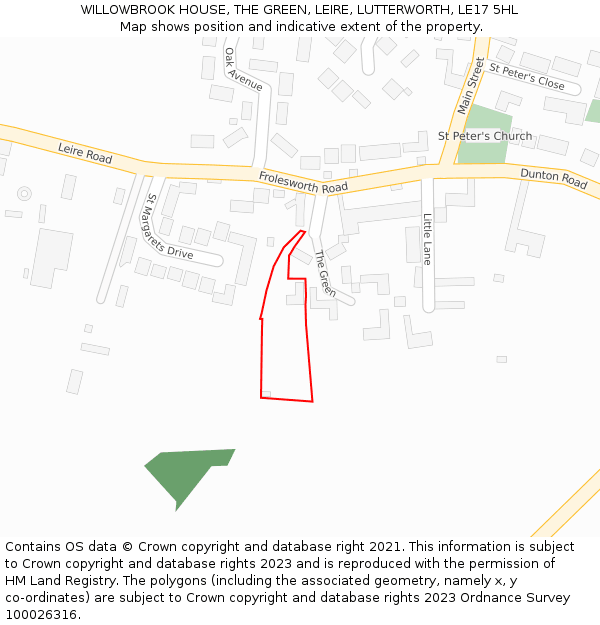 WILLOWBROOK HOUSE, THE GREEN, LEIRE, LUTTERWORTH, LE17 5HL: Location map and indicative extent of plot
