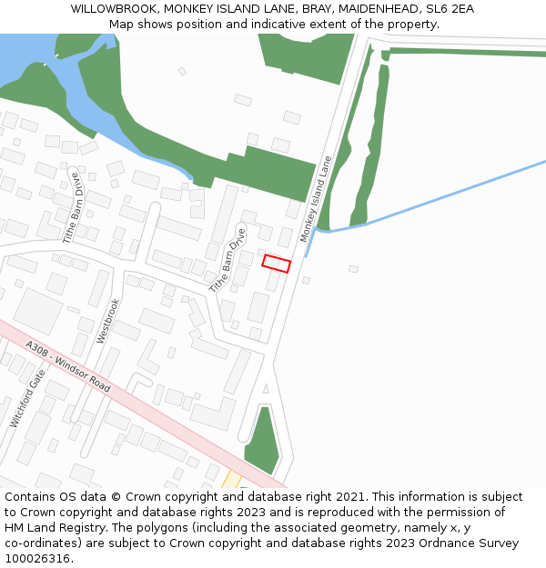 WILLOWBROOK, MONKEY ISLAND LANE, BRAY, MAIDENHEAD, SL6 2EA: Location map and indicative extent of plot