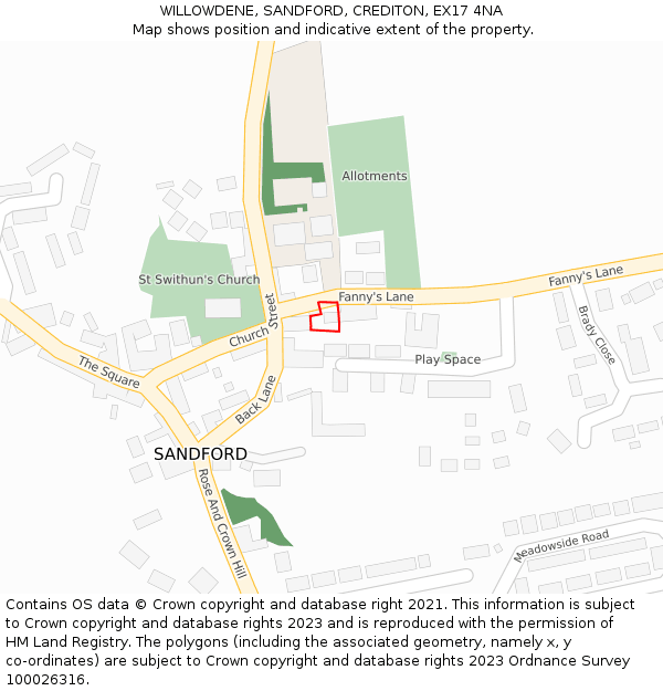 WILLOWDENE, SANDFORD, CREDITON, EX17 4NA: Location map and indicative extent of plot