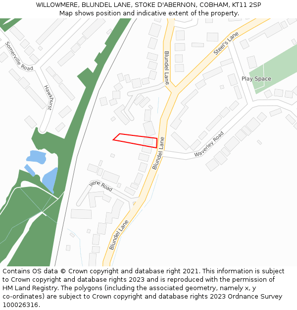 WILLOWMERE, BLUNDEL LANE, STOKE D'ABERNON, COBHAM, KT11 2SP: Location map and indicative extent of plot