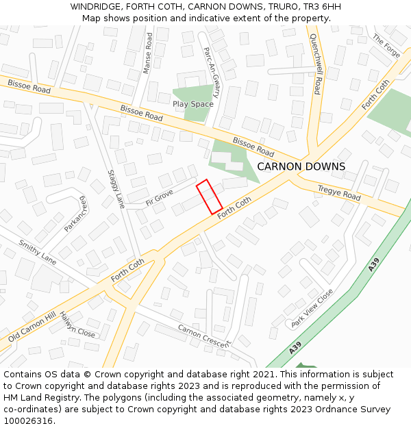 WINDRIDGE, FORTH COTH, CARNON DOWNS, TRURO, TR3 6HH: Location map and indicative extent of plot