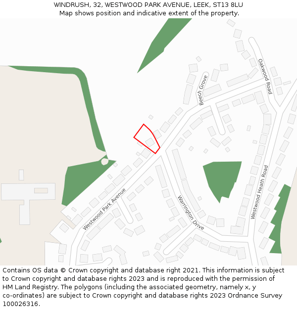 WINDRUSH, 32, WESTWOOD PARK AVENUE, LEEK, ST13 8LU: Location map and indicative extent of plot