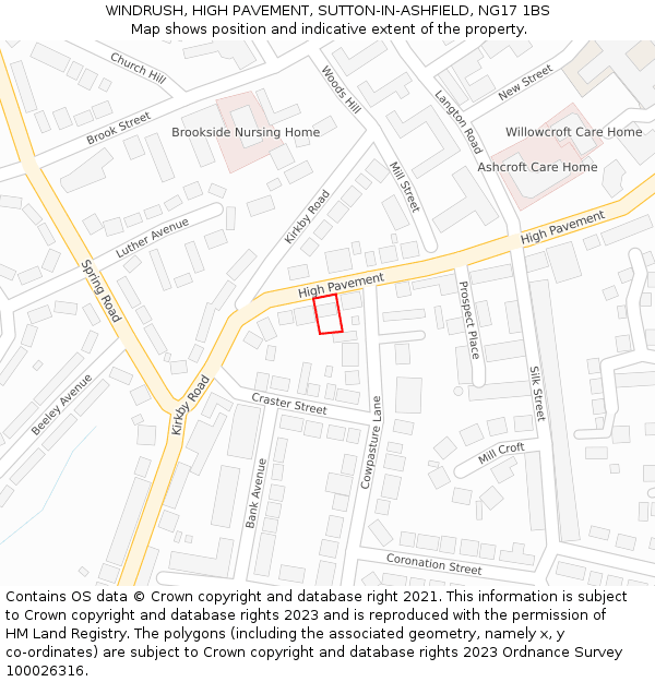 WINDRUSH, HIGH PAVEMENT, SUTTON-IN-ASHFIELD, NG17 1BS: Location map and indicative extent of plot