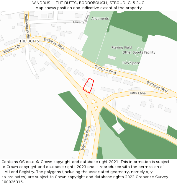 WINDRUSH, THE BUTTS, RODBOROUGH, STROUD, GL5 3UG: Location map and indicative extent of plot