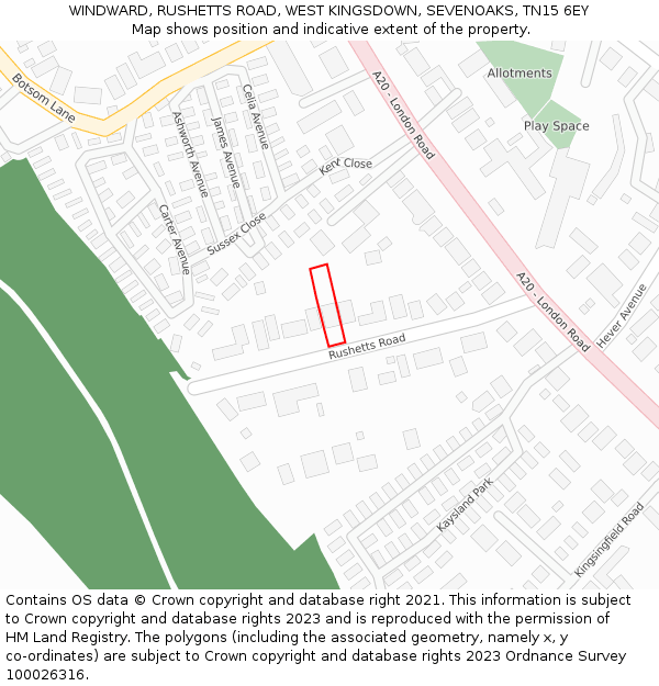 WINDWARD, RUSHETTS ROAD, WEST KINGSDOWN, SEVENOAKS, TN15 6EY: Location map and indicative extent of plot