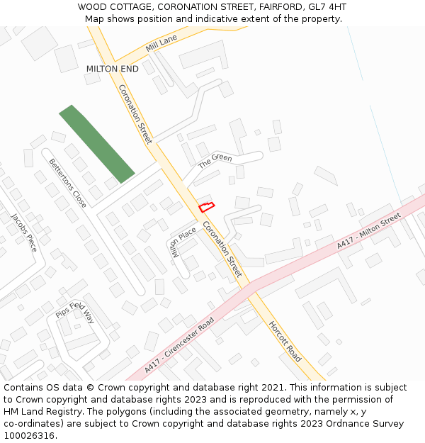 WOOD COTTAGE, CORONATION STREET, FAIRFORD, GL7 4HT: Location map and indicative extent of plot