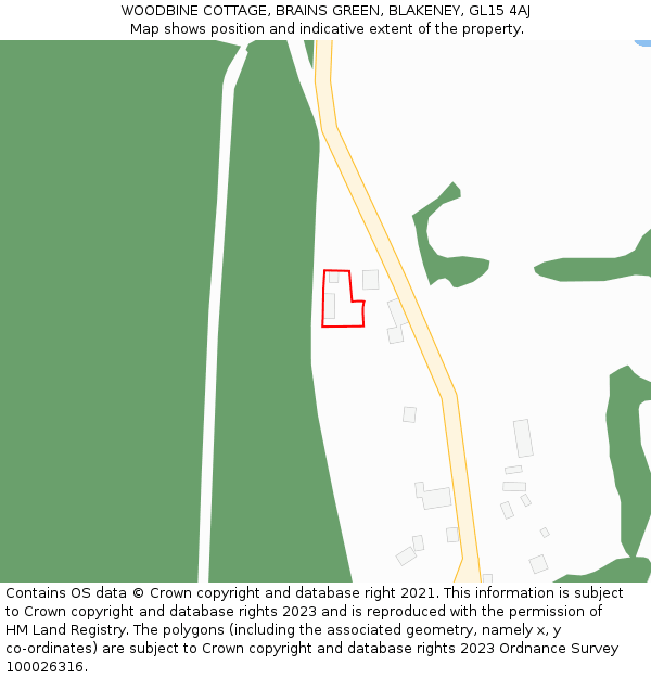WOODBINE COTTAGE, BRAINS GREEN, BLAKENEY, GL15 4AJ: Location map and indicative extent of plot
