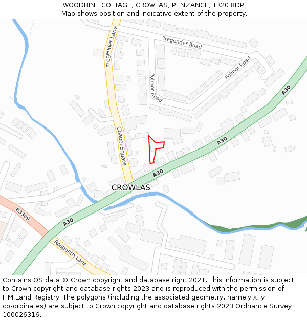 WOODBINE COTTAGE, CROWLAS, PENZANCE, TR20 8DP: Location map and indicative extent of plot