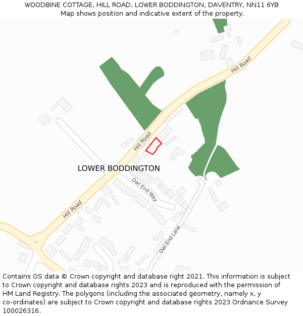 WOODBINE COTTAGE, HILL ROAD, LOWER BODDINGTON, DAVENTRY, NN11 6YB: Location map and indicative extent of plot