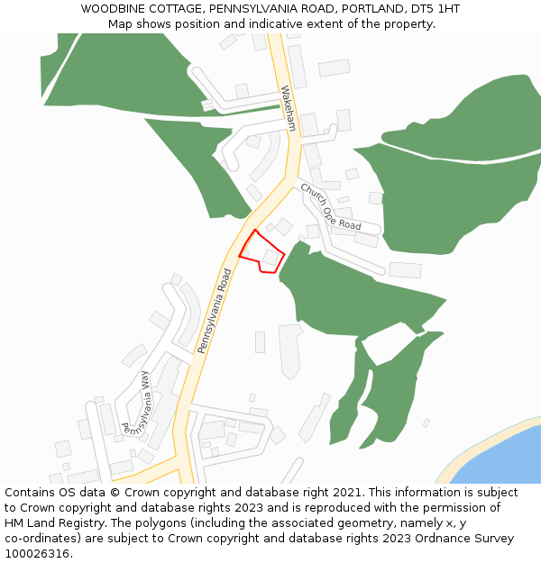WOODBINE COTTAGE, PENNSYLVANIA ROAD, PORTLAND, DT5 1HT: Location map and indicative extent of plot