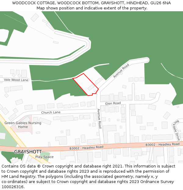 WOODCOCK COTTAGE, WOODCOCK BOTTOM, GRAYSHOTT, HINDHEAD, GU26 6NA: Location map and indicative extent of plot