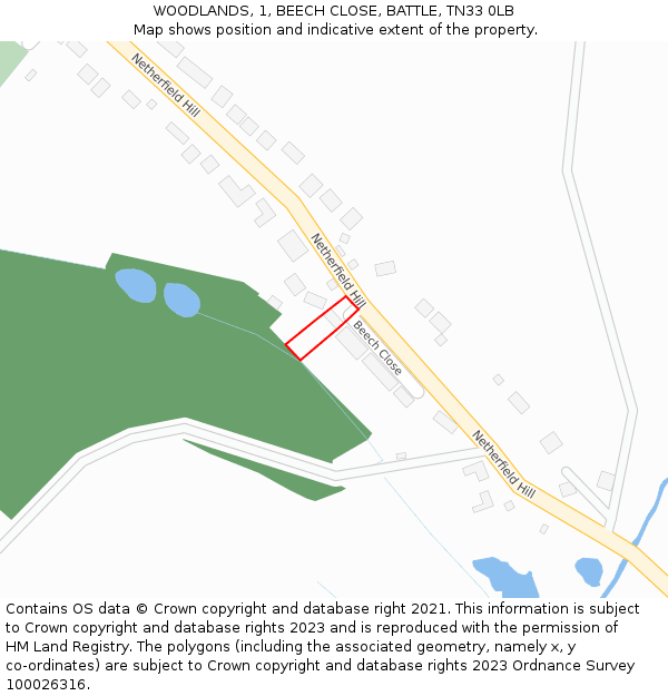 WOODLANDS, 1, BEECH CLOSE, BATTLE, TN33 0LB: Location map and indicative extent of plot