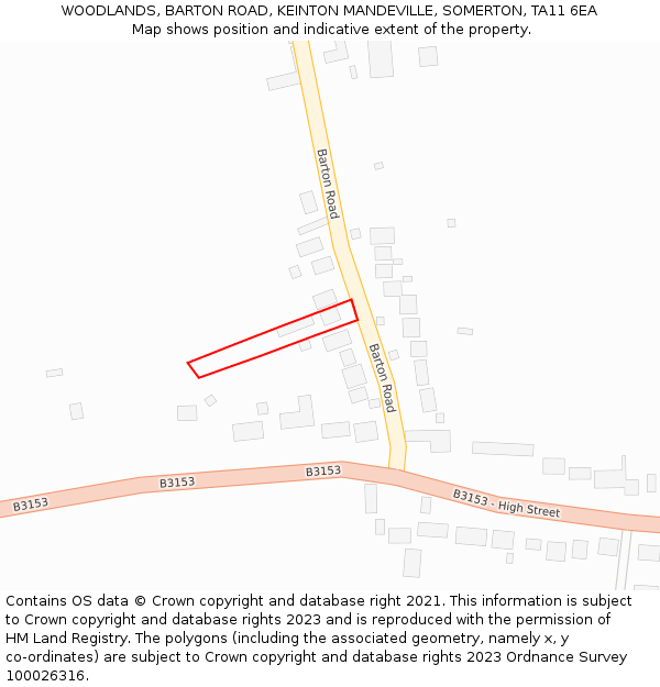 WOODLANDS, BARTON ROAD, KEINTON MANDEVILLE, SOMERTON, TA11 6EA: Location map and indicative extent of plot
