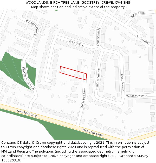 WOODLANDS, BIRCH TREE LANE, GOOSTREY, CREWE, CW4 8NS: Location map and indicative extent of plot