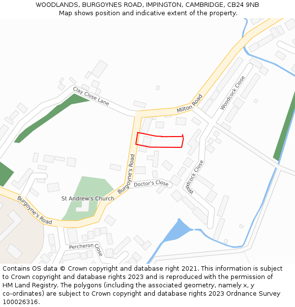 WOODLANDS, BURGOYNES ROAD, IMPINGTON, CAMBRIDGE, CB24 9NB: Location map and indicative extent of plot