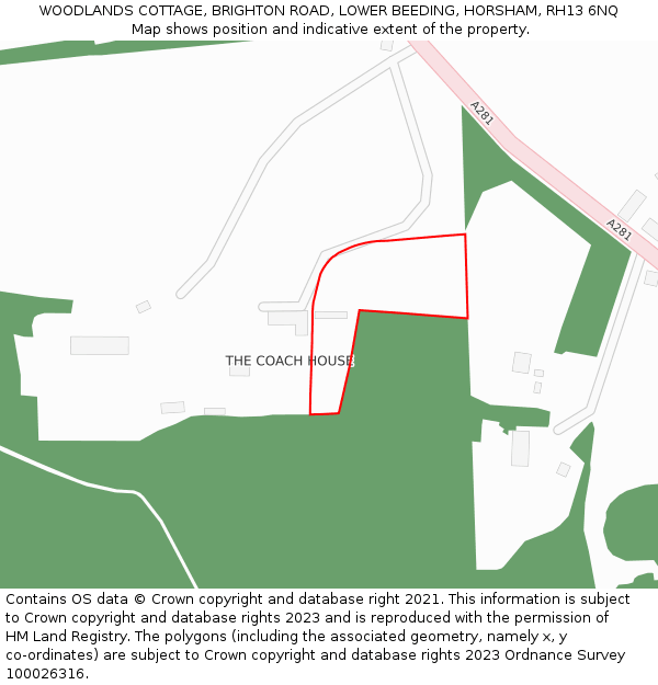 WOODLANDS COTTAGE, BRIGHTON ROAD, LOWER BEEDING, HORSHAM, RH13 6NQ: Location map and indicative extent of plot