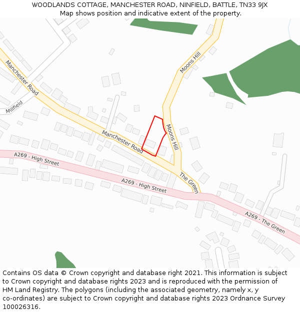 WOODLANDS COTTAGE, MANCHESTER ROAD, NINFIELD, BATTLE, TN33 9JX: Location map and indicative extent of plot