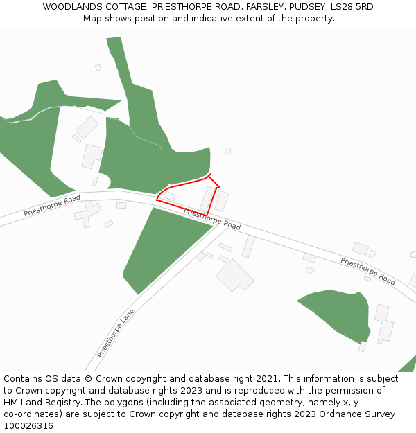 WOODLANDS COTTAGE, PRIESTHORPE ROAD, FARSLEY, PUDSEY, LS28 5RD: Location map and indicative extent of plot